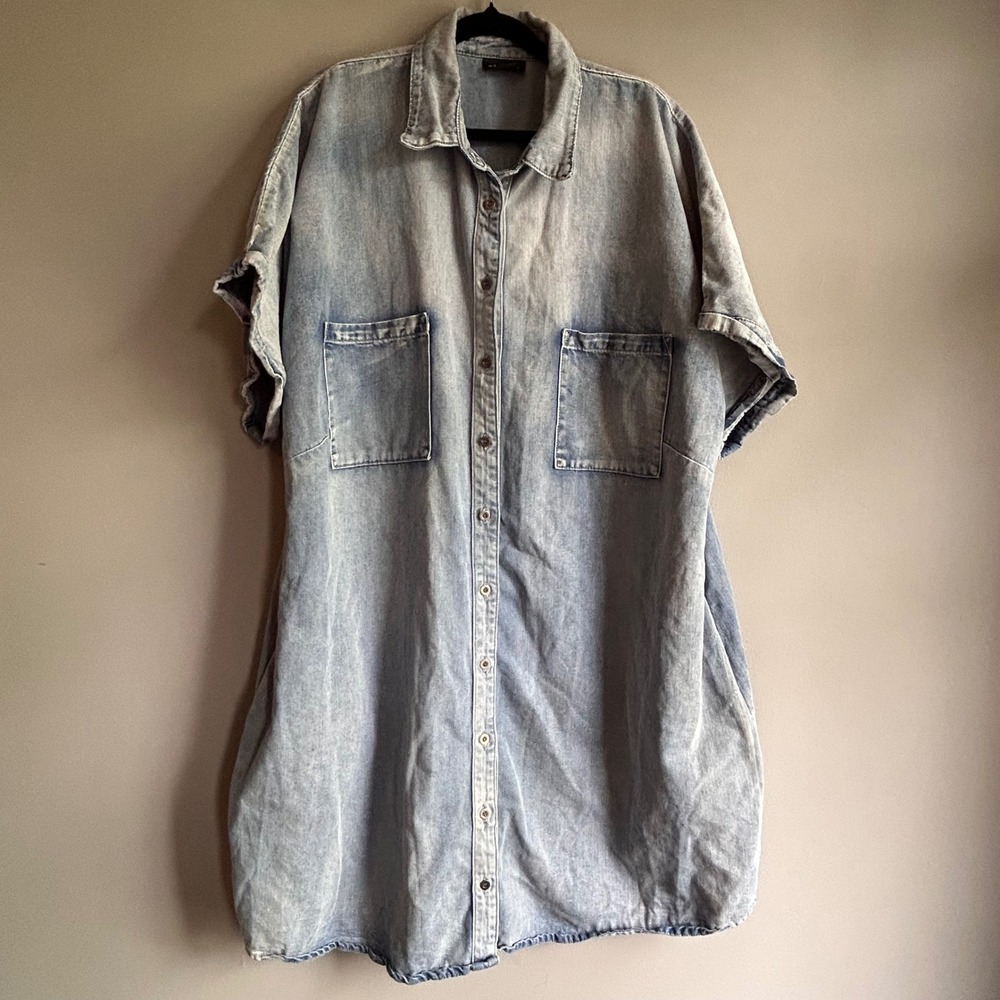 Light Blue Denim Shirt Dress with Front Pockets